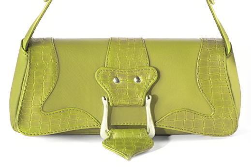 Pistachio green women's dress handbag, matching pumps and belts. Profile view - Florence KOOIJMAN